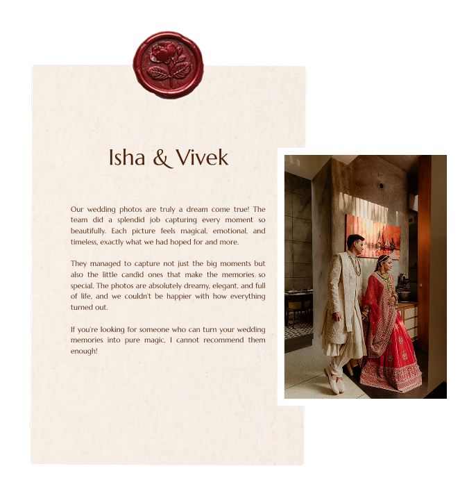 Wedding testimonial letter from Isha and Vivek for White Elefhant Studios