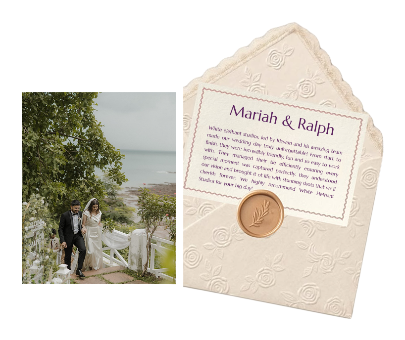 Wedding testimonial letter from Mariah and Ralph for White Elefhant Studios
